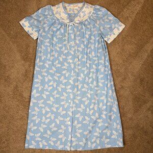 Dan-Ellen Housecoat XL Blue Butterfly Robe Caftan Snap Short Sleeve Vintage USA
